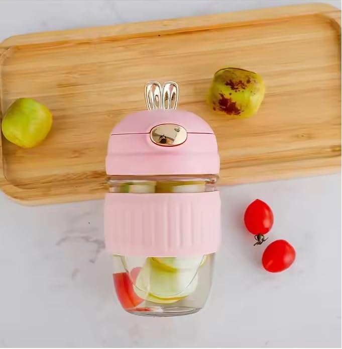Reusable Glass Water Cup, 390ml, Cute Rabbit Style, Anti-Scalding, Coffee Mug with Straw, Pack of 1 (Glass Bottle Rabbit)