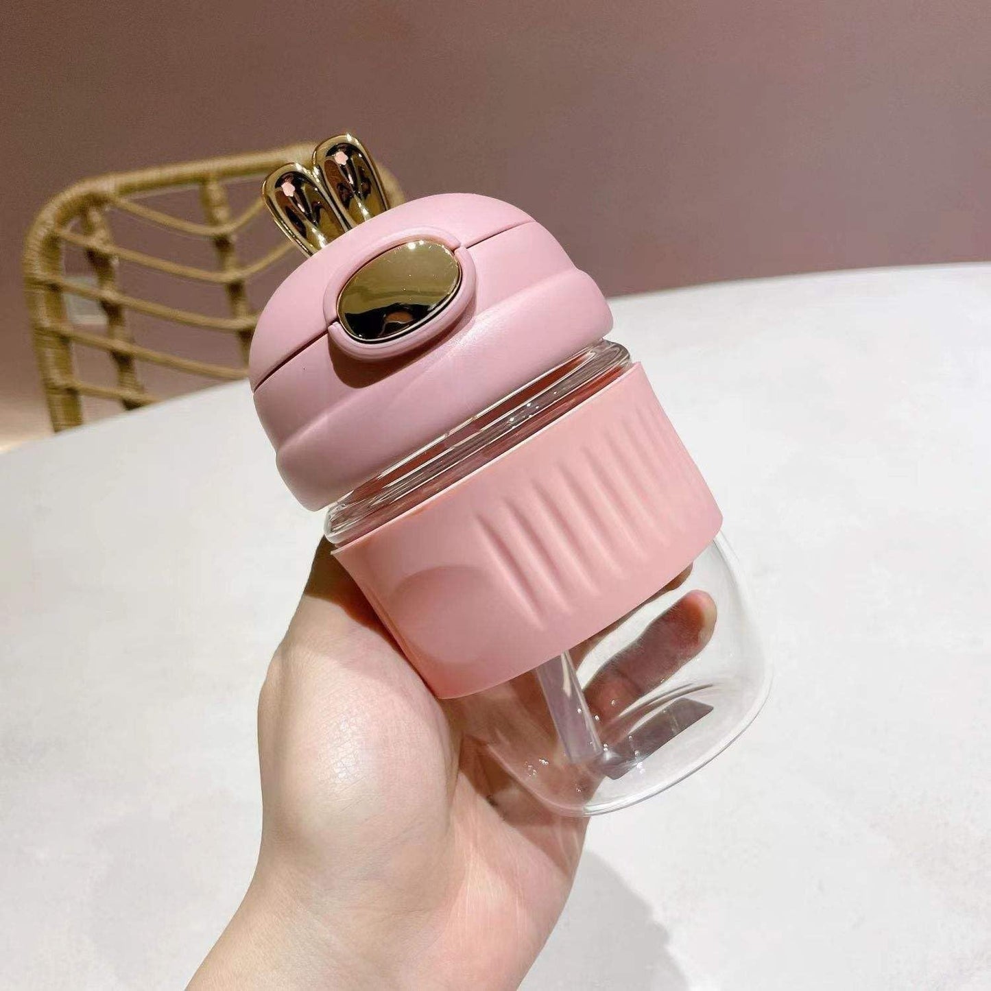 Reusable Glass Water Cup, 390ml, Cute Rabbit Style, Anti-Scalding, Coffee Mug with Straw, Pack of 1 (Glass Bottle Rabbit)