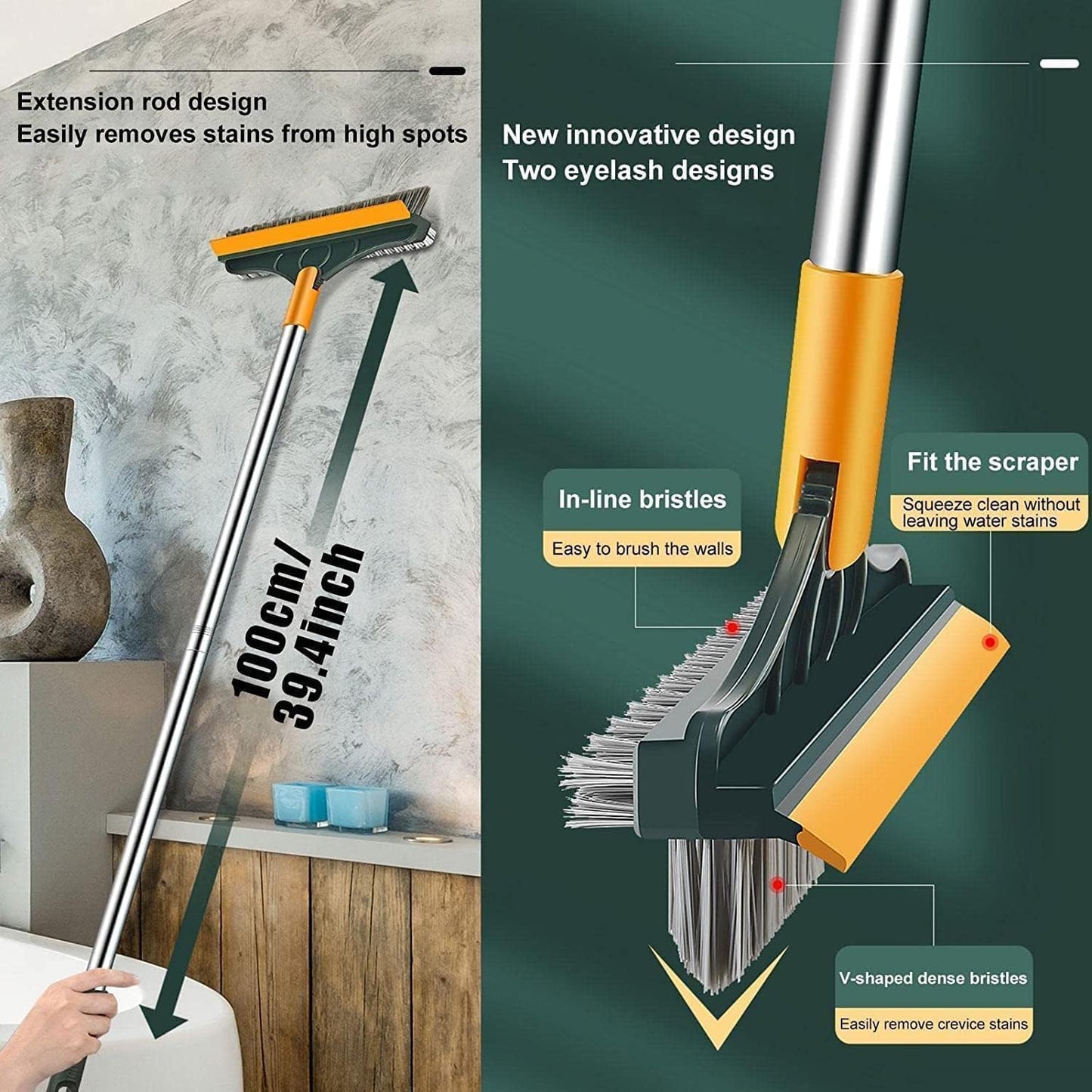 3-in-1 Bathroom Cleaning Brush With Wiper - Long Handle 180° Rotate Toilet Brush, Tiles Cleaning, Floor Scrub for Kitchen and Bathroom
