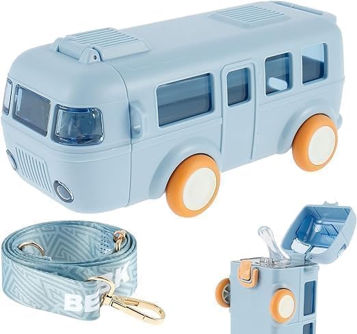 Bus Water Bottle For Kids With Strap, Sipper, & Straw | Leakproof, Bpa Free With Sipper and Lock, 500 Ml| Car Water Bottle For Kids | Cute Bus Shaped Water Bottle For Kids (BLUE)