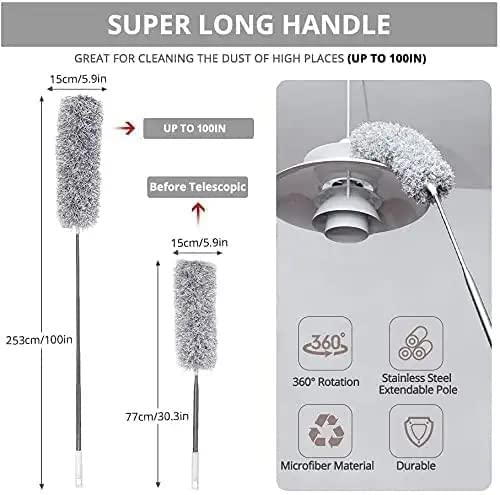 2025 Upgraded Long Handle Microfiber Feather Ceiling Duster for Dust Cleaning with extendable Pole 100 Inch with Anti Scratch Bendable Brush for Cleaning High Cobweb Stick high Ceiling Fan
