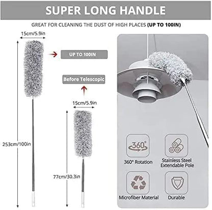 2025 Upgraded Long Handle Microfiber Feather Ceiling Duster for Dust Cleaning with extendable Pole 100 Inch with Anti Scratch Bendable Brush for Cleaning High Cobweb Stick high Ceiling Fan