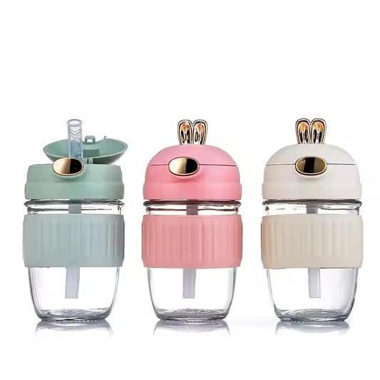 Reusable Glass Water Cup, 390ml, Cute Rabbit Style, Anti-Scalding, Coffee Mug with Straw, Pack of 1 (Glass Bottle Rabbit)