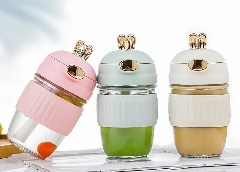 Reusable Glass Water Cup, 390ml, Cute Rabbit Style, Anti-Scalding, Coffee Mug with Straw, Pack of 1 (Glass Bottle Rabbit)