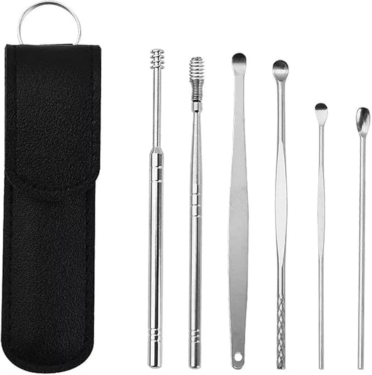 Ear Wax Cleaner (6 Pc) Resuable Ear Wax Cleaner Reusable Removal Kit Steel Ear Cleansing Tool Set Spiral Ear Curette Tool With Cleaning Brush For Kids Man Woman (Steel)