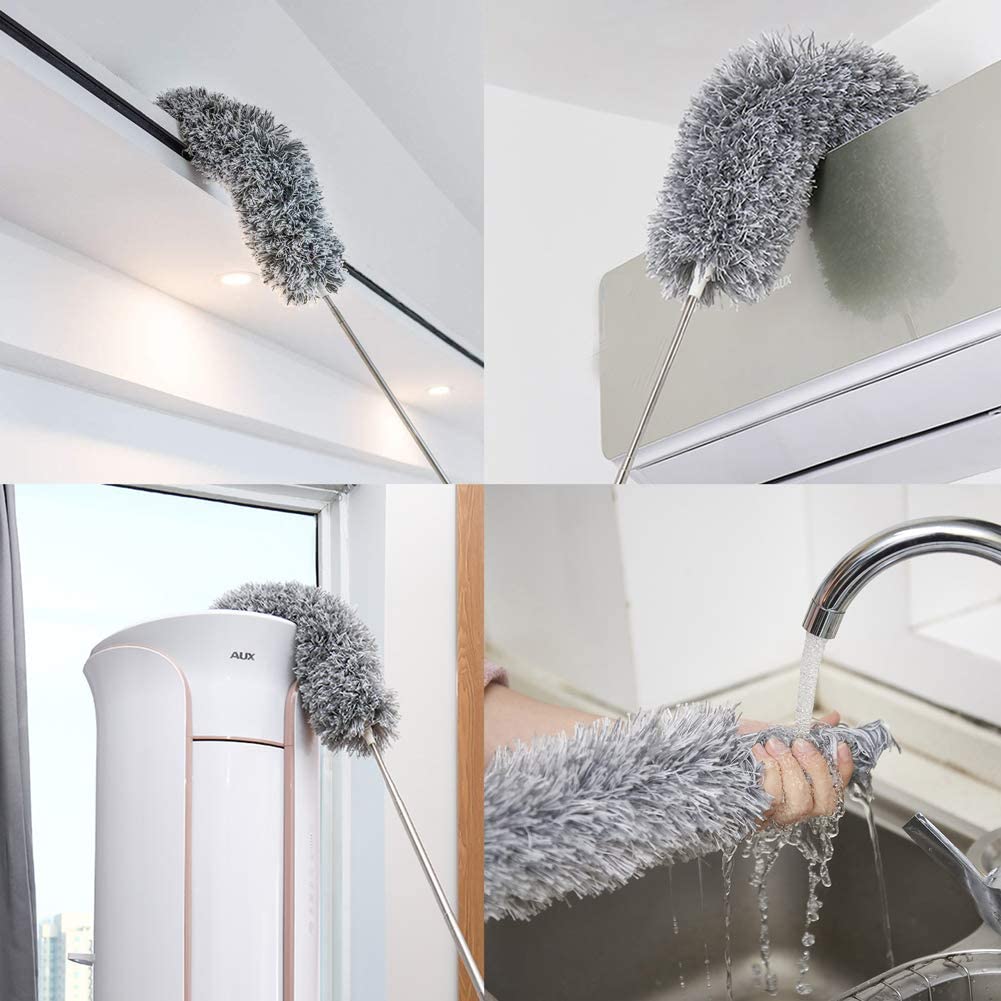 2025 Upgraded Long Handle Microfiber Feather Ceiling Duster for Dust Cleaning with extendable Pole 100 Inch with Anti Scratch Bendable Brush for Cleaning High Cobweb Stick high Ceiling Fan