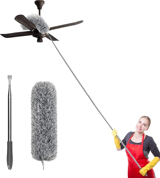 2025 Upgraded Long Handle Microfiber Feather Ceiling Duster for Dust Cleaning with extendable Pole 100 Inch with Anti Scratch Bendable Brush for Cleaning High Cobweb Stick high Ceiling Fan