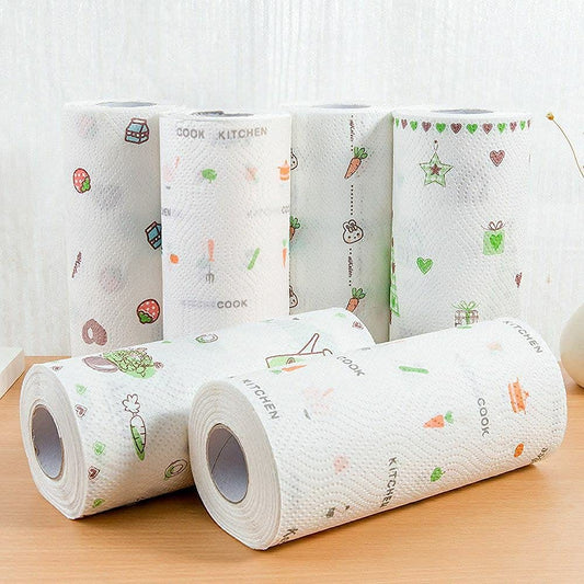 Non Woven Reusable and Washable Kitchen Printed Tissue Roll Non-stick Oil Absorbing Paper Roll Kitchen Special Paper Towel Wipe Paper Dish Cloth Cleaning Cloth 50 sheets pack of 1
