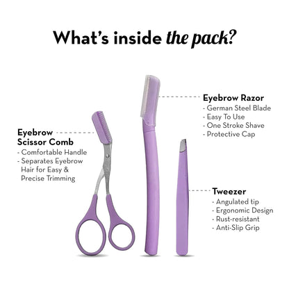 3-in-1 Professional Eyebrow Grooming Kit | Eyebrow Razor | Eyebrow Scissor Comb | Tweezer | For Instant & Painless Hair Removal At Home or On The Go | Precise & Safe Eyebrow Grooming Set