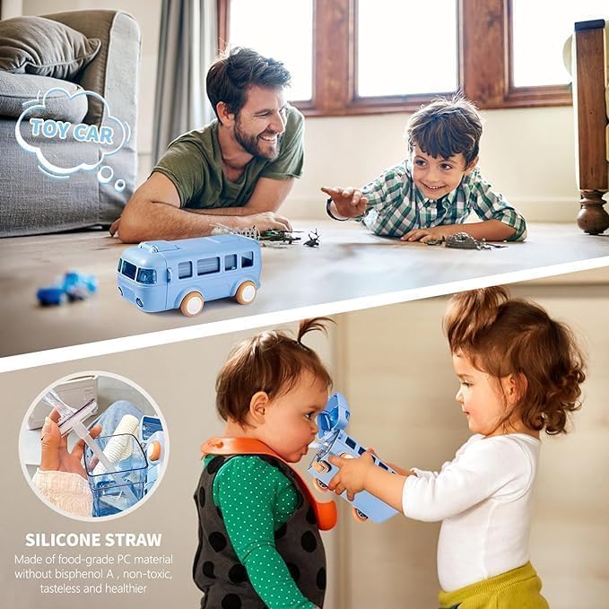 Bus Water Bottle For Kids With Strap, Sipper, & Straw | Leakproof, Bpa Free With Sipper and Lock, 500 Ml| Car Water Bottle For Kids | Cute Bus Shaped Water Bottle For Kids (BLUE)