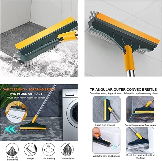 Plastic 3-in-1 Bathroom Cleaning Brush with Wiper - Bathroom Cleaning Brush Long Handle 180° Rotate Toilet Brush Bathroom Tiles Cleaning, Wiper Floor Scrub, Multicolor