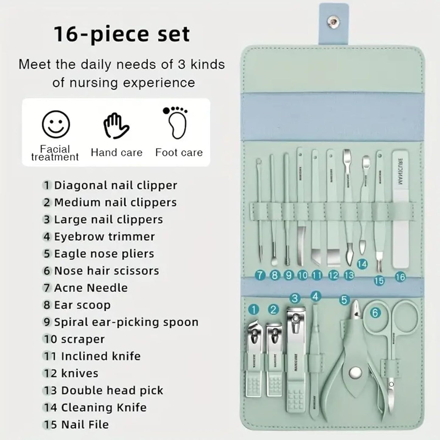 Stainless Steel Professional Manicure Set Nail Cutter For Women Nail Scissors Luxury Grooming Kit Manicure Pedicure Kit For Women Nail Acne Remover needle (MultiColor) (16 IN 1 Manicure Set)