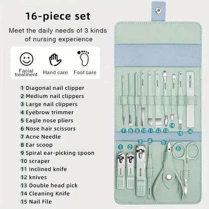 Stainless Steel Professional Manicure Set Nail Cutter For Women Nail Scissors Luxury Grooming Kit Manicure Pedicure Kit For Women Nail Acne Remover needle (MultiColor) (16 IN 1 Manicure Set)