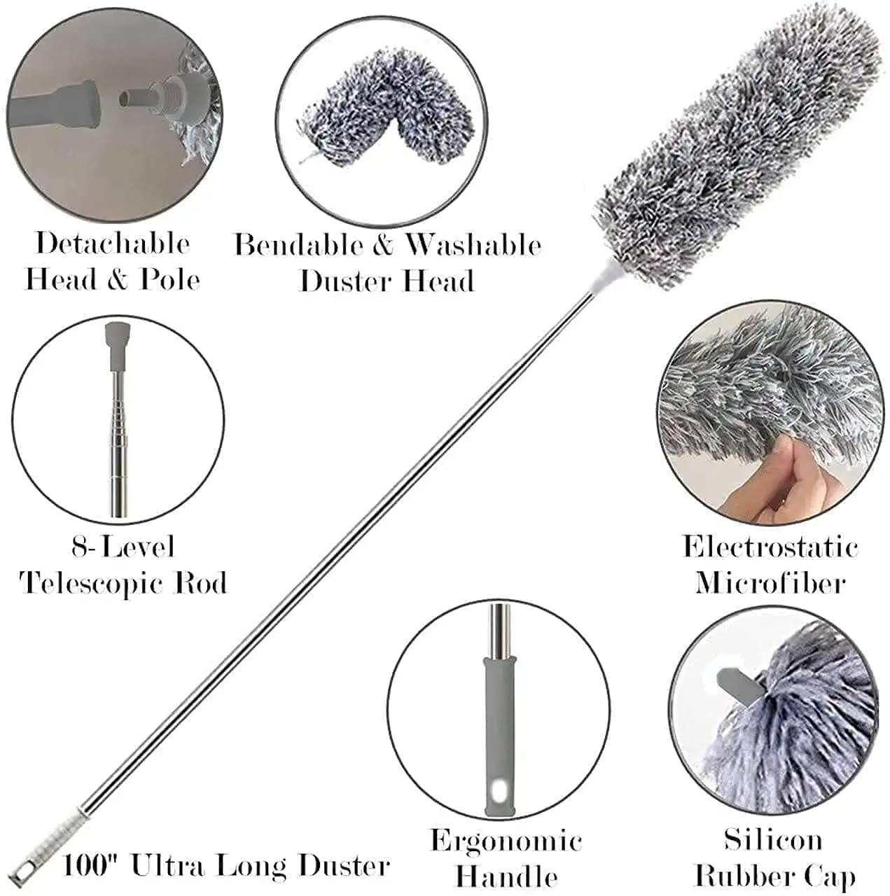 2025 Upgraded Long Handle Microfiber Feather Ceiling Duster for Dust Cleaning with extendable Pole 100 Inch with Anti Scratch Bendable Brush for Cleaning High Cobweb Stick high Ceiling Fan