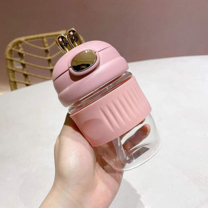 Reusable Glass Water Cup, 390ml, Cute Rabbit Style, Anti-Scalding, Coffee Mug with Straw, Pack of 1 (Glass Bottle Rabbit)
