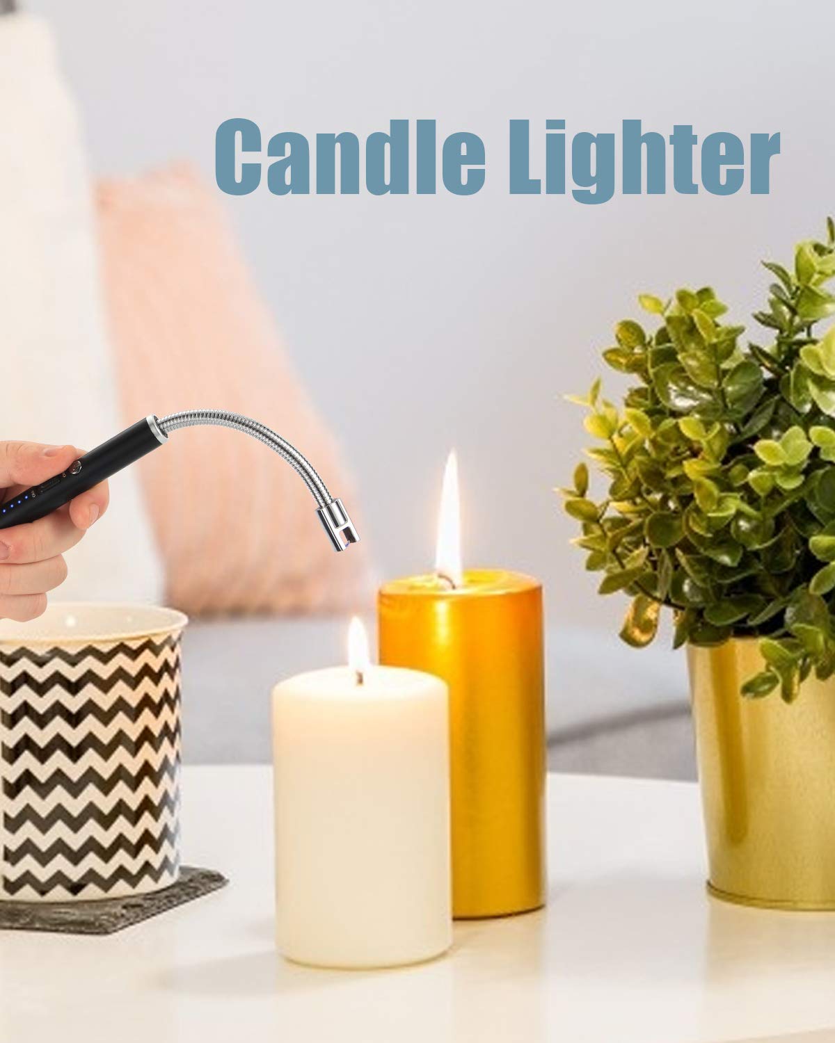 Zinc Electric Lighter, Candle Lighter Rechargeable Long Lighter With Flexible Neck Led Battery Display, Usb Plasma Flameless Lighter For Candle Camping Grill Fireworks