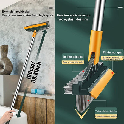 Plastic 3-in-1 Bathroom Cleaning Brush with Wiper - Bathroom Cleaning Brush Long Handle 180° Rotate Toilet Brush Bathroom Tiles Cleaning, Wiper Floor Scrub, Multicolor