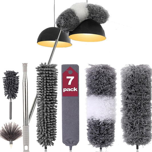 Duster 7 Pcs Set Feather Duster Cleaning Kit with 100 Inches Extension Pole, Reusable Bendable Cobweb Dusters for Cleaning Ceiling Fan, Car, Computer, Blinds, Furniture